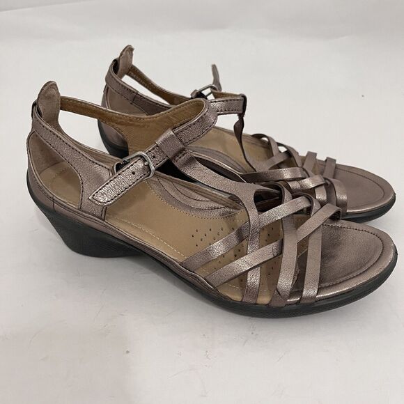 ECCO Sandal Size 6.5 EU 37 Comfort Metallic Gold Leather Gladiator T Strap Flash - Picture 2 of 8